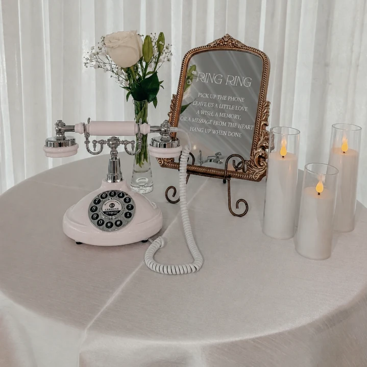 Vintage blush telephone Audio Guest Book with included gold instruction mirror for a Miami wedding rental.