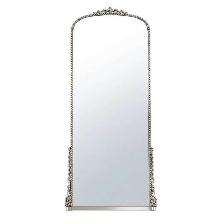 Timeless Silver Mirror with an ornate silver frame and decorative crown on a white background for a Miami wedding rental.