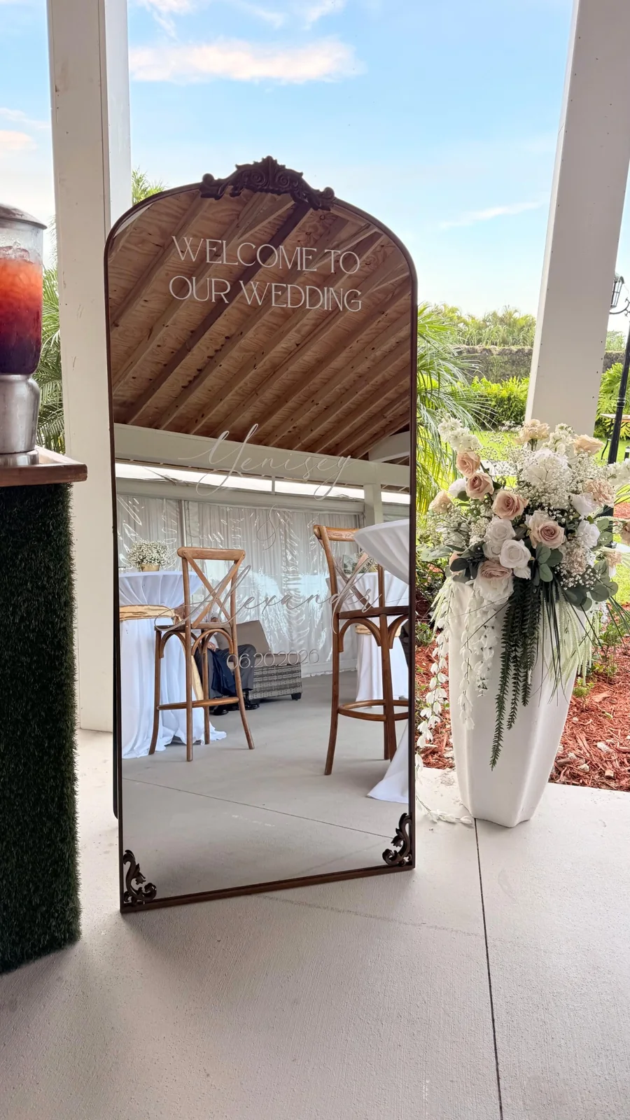 Antique Welcome Mirror with personalized white wedding lettering at a Miami event rental by Be Extra Miami.