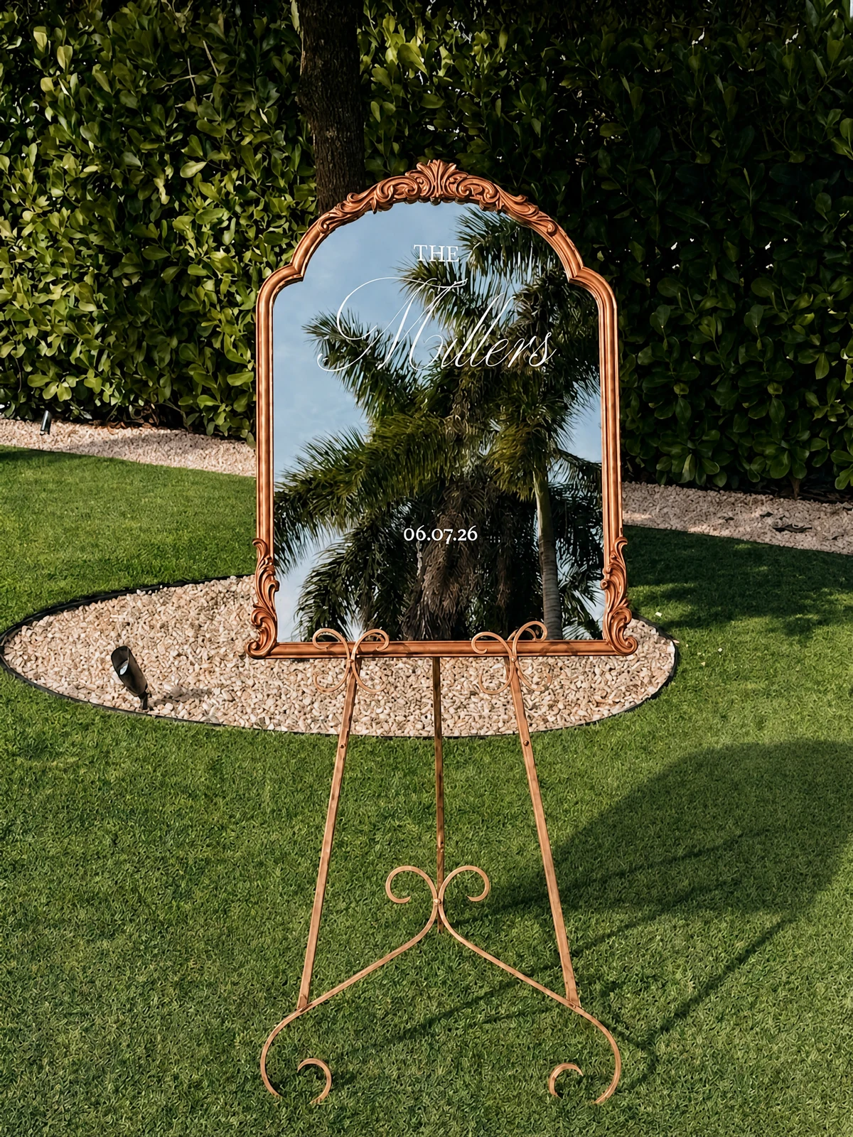 Ornate Welcome Mirror rental for a Miami wedding event with personalized white lettering, antique frame, and included easel by Be Extra Miami.