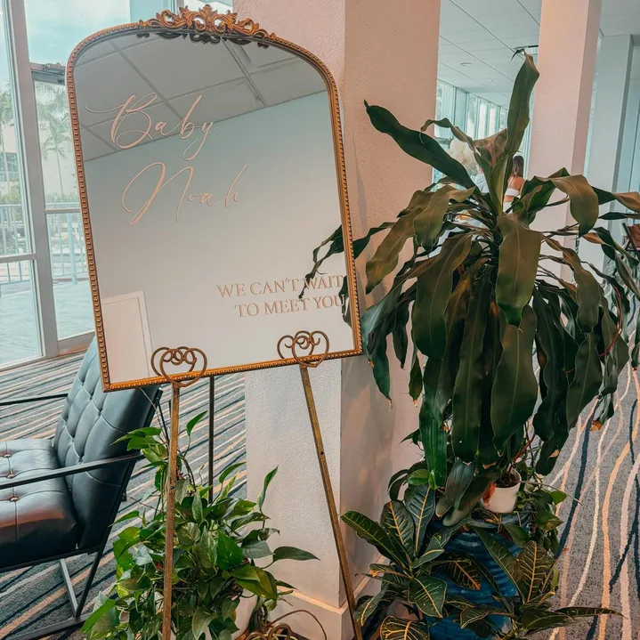 Petite Vintage Welcome Mirror rental for a Miami wedding event by Be Extra Miami.
